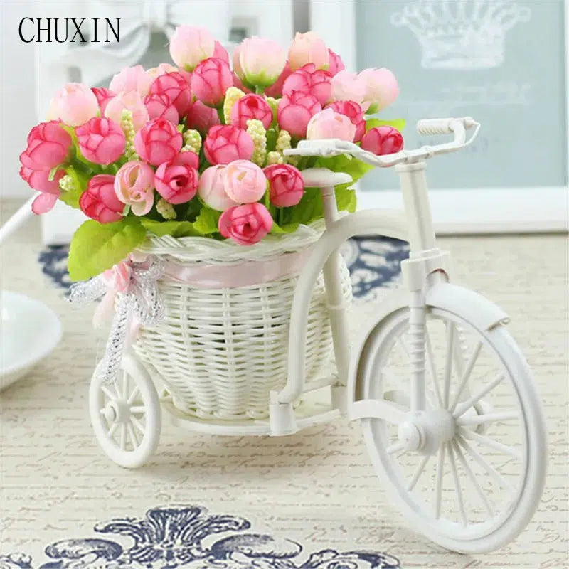 Rattan Bike Vase with Silk Flowers Rose  Daisy  