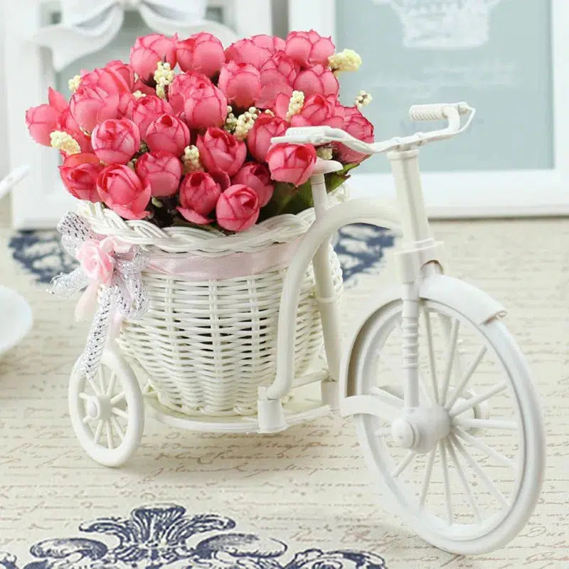 Rattan Bike Vase with Silk Flowers Rose  Daisy  