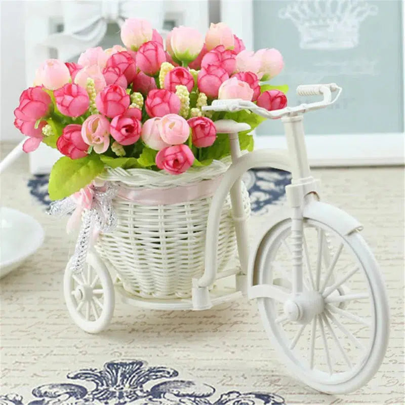 Rattan Bike Vase with Silk Flowers Rose  Daisy  