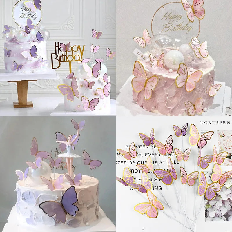 10pcs Stamping Gold Pink Butterfly Cake Topper  