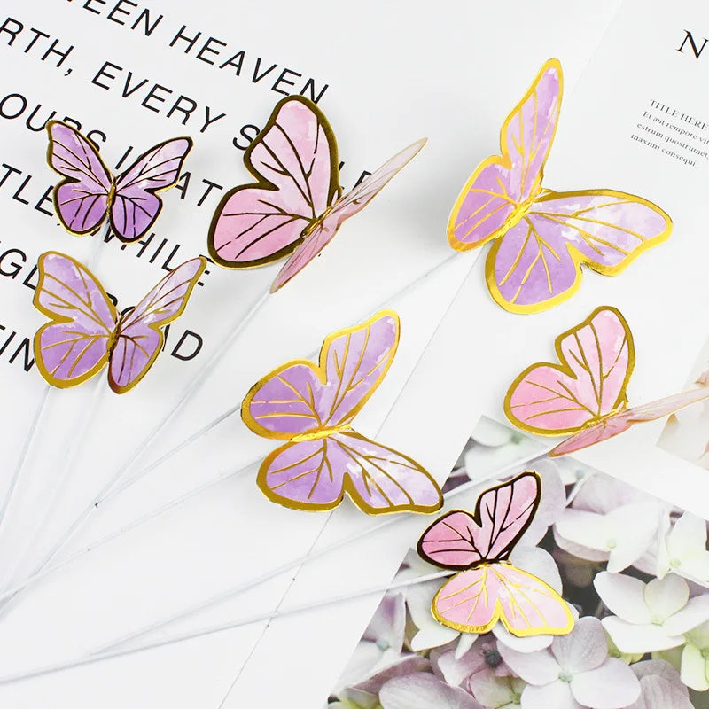 10pcs Stamping Gold Pink Butterfly Cake Topper  