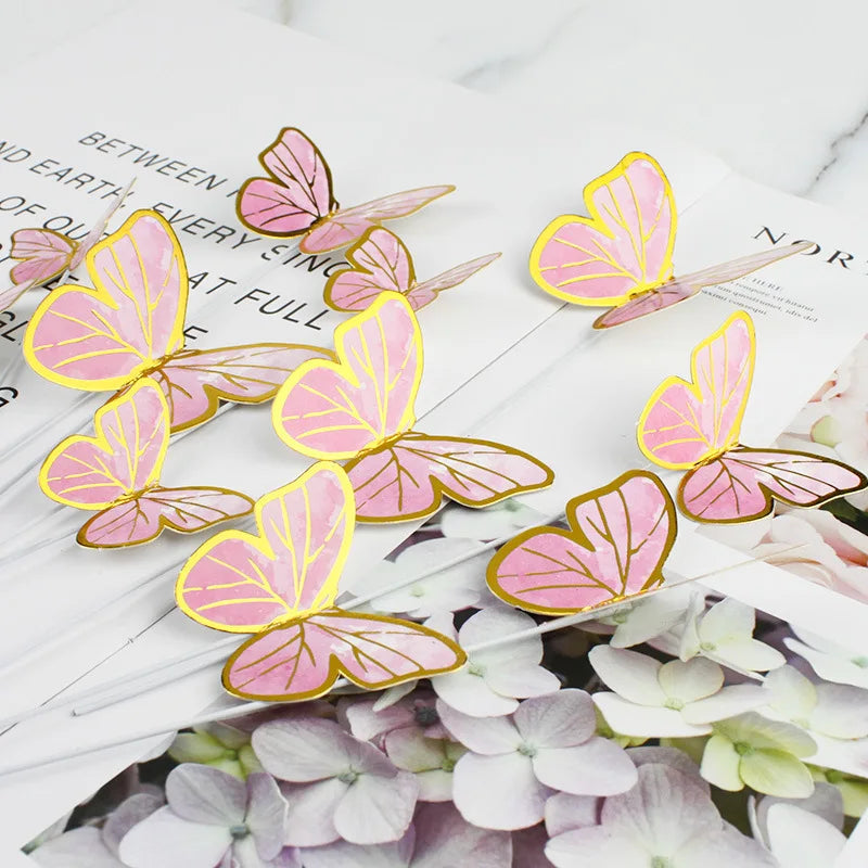 10pcs Stamping Gold Pink Butterfly Cake Topper  