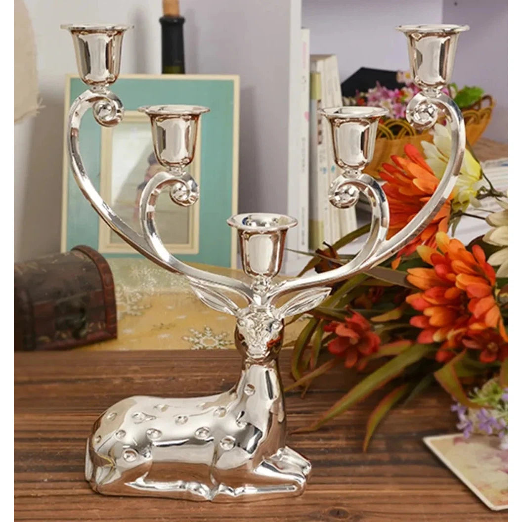 Shiny Silver Finish Metal Reindeer Shape Candle Holder 5-Arms  