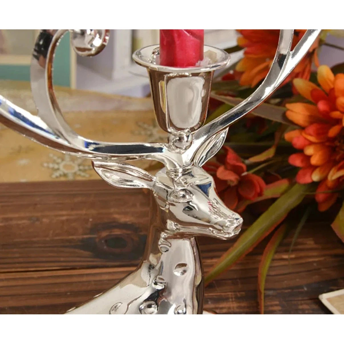 Shiny Silver Finish Metal Reindeer Shape Candle Holder 5-Arms  