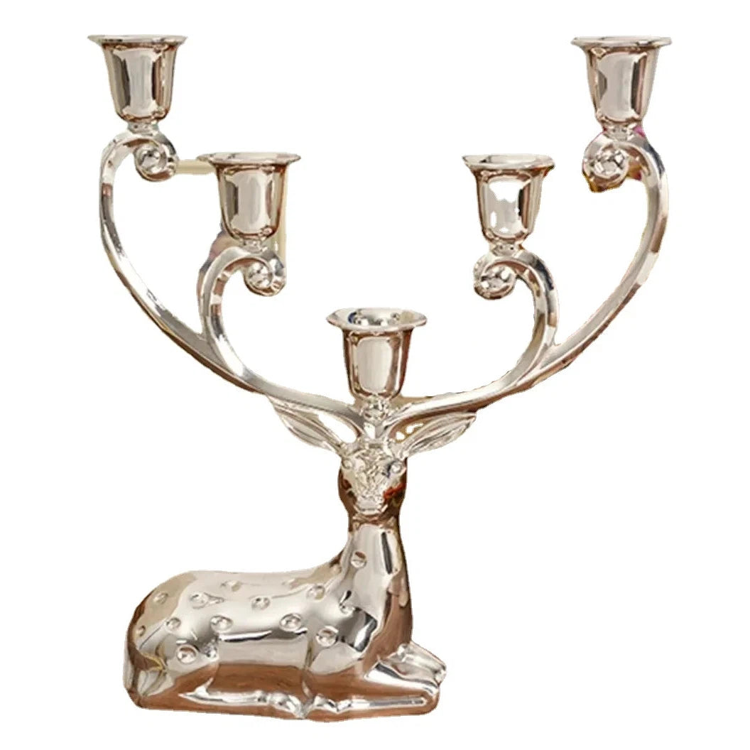 Shiny Silver Finish Metal Reindeer Shape Candle Holder 5-Arms  