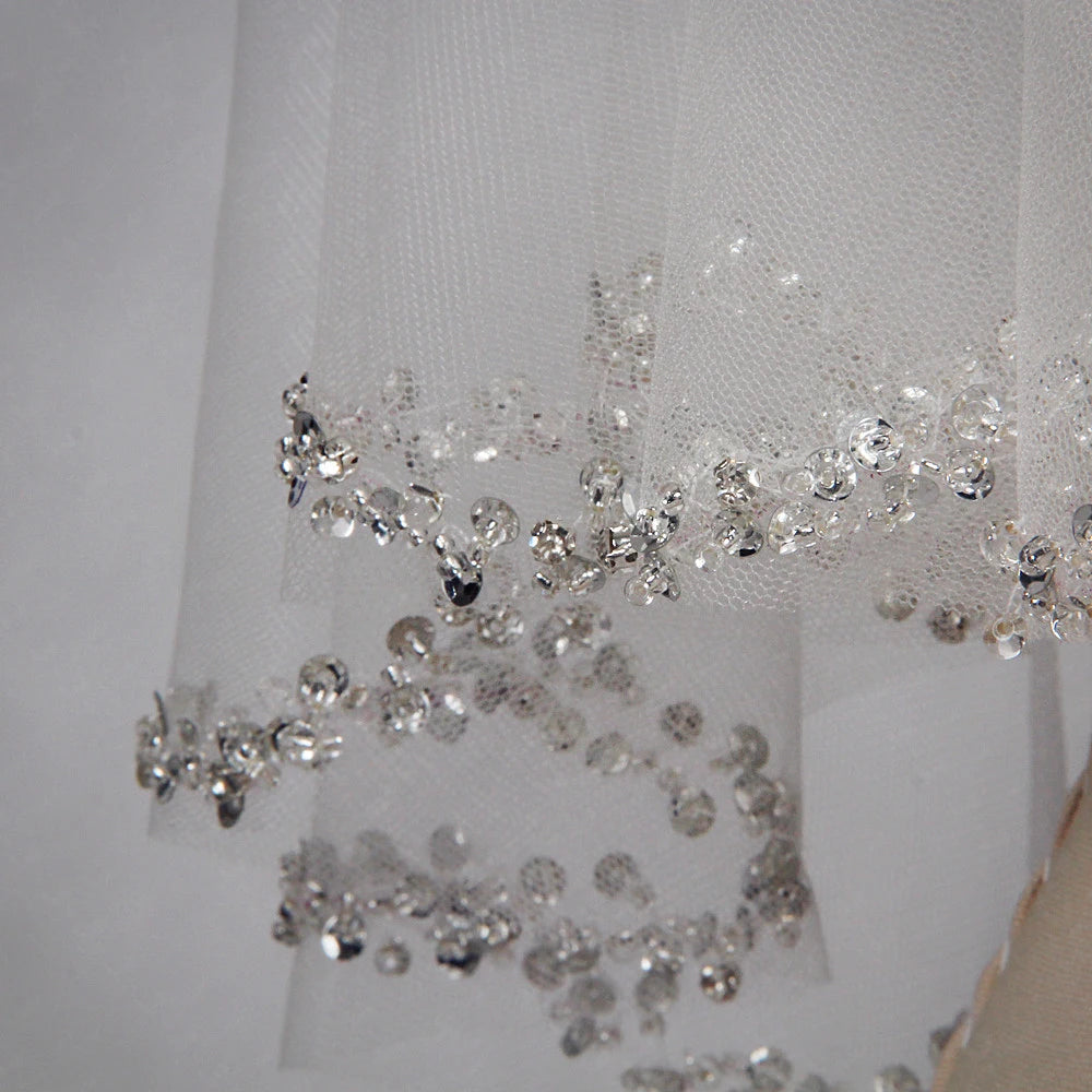 Short Beaded Wedding Veil Two Layer White/Ivory Sequin Tulle 75 CM Length With Comb  