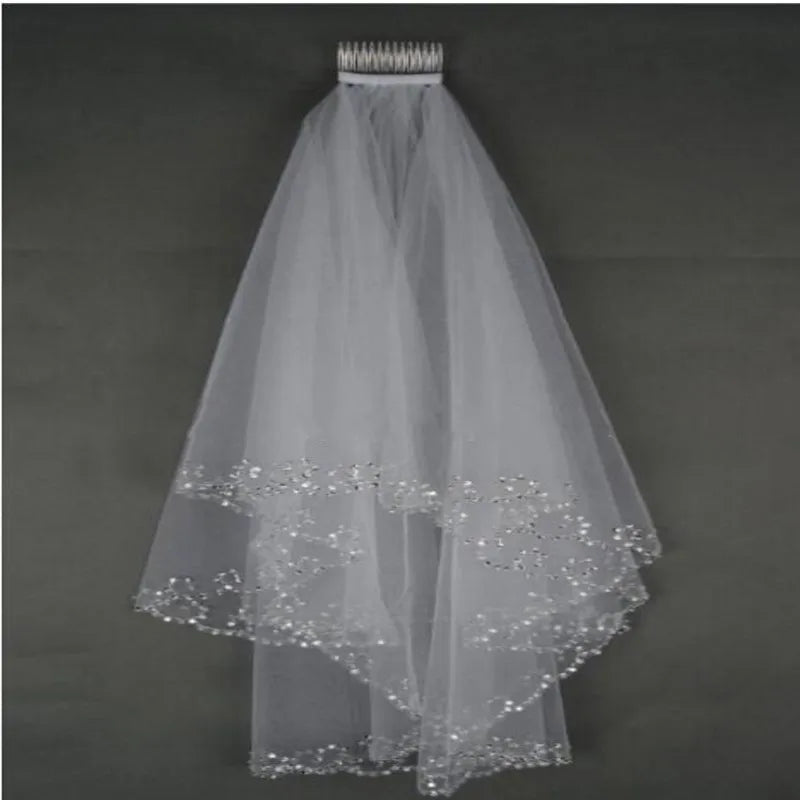 Short Beaded Wedding Veil Two Layer White/Ivory Sequin Tulle 75 CM Length With Comb  