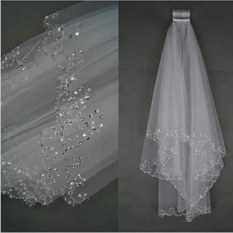 Short Beaded Wedding Veil Two Layer White/Ivory Sequin Tulle 75 CM Length With Comb  