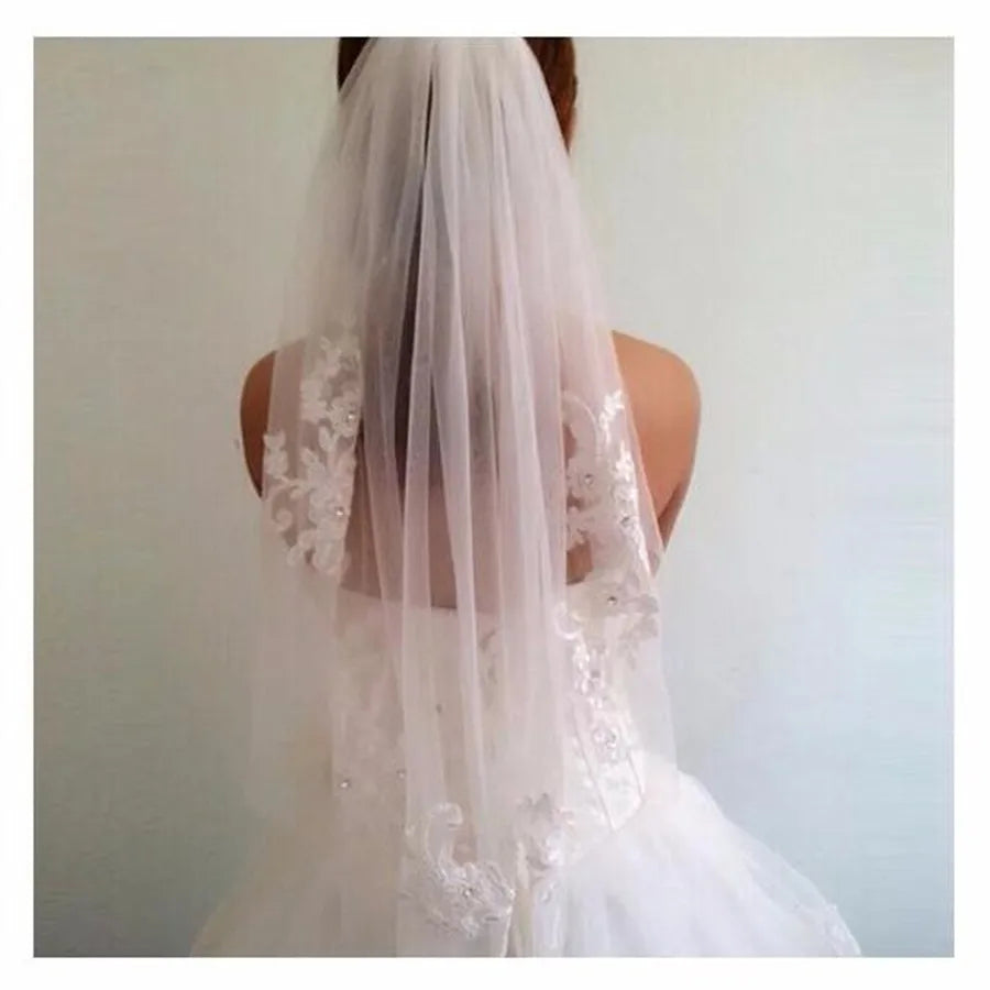 Short One Layer Fingertip Length Rhinestone Wedding Veil With Comb  