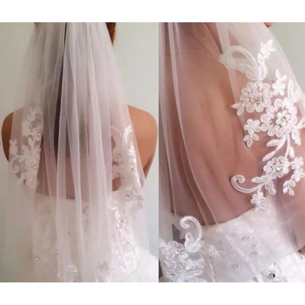 Short One Layer Fingertip Length Rhinestone Wedding Veil With Comb  