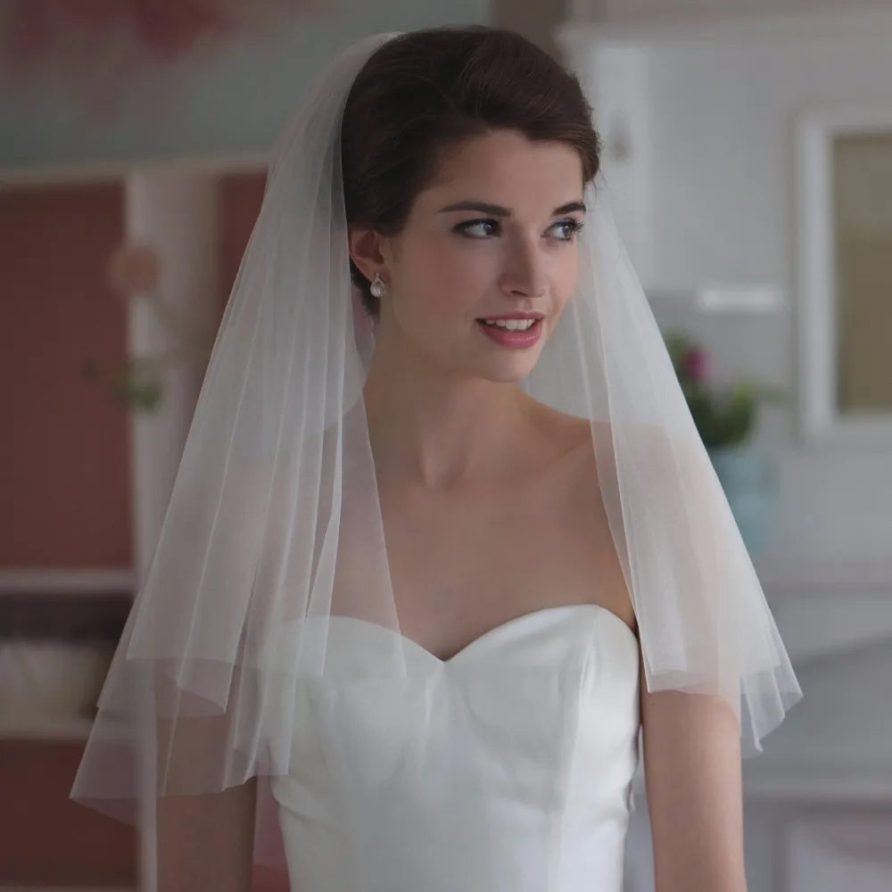 Simple Short Tulle Wedding Veils Two Layer With Comb White Ivory Bridal Veil  