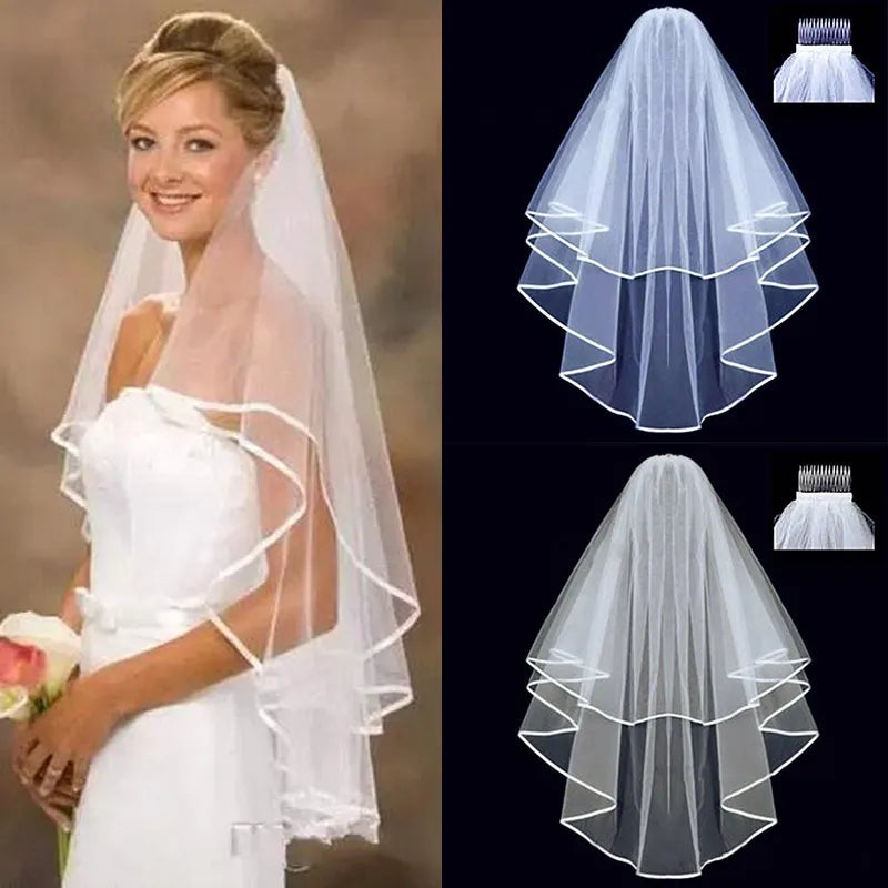 Simple Tulle Two Layers Bridal Veil Ribbon Edge with Comb  