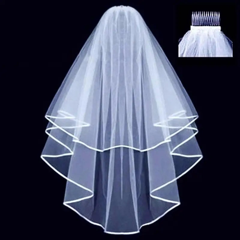 Simple Tulle Two Layers Bridal Veil Ribbon Edge with Comb  