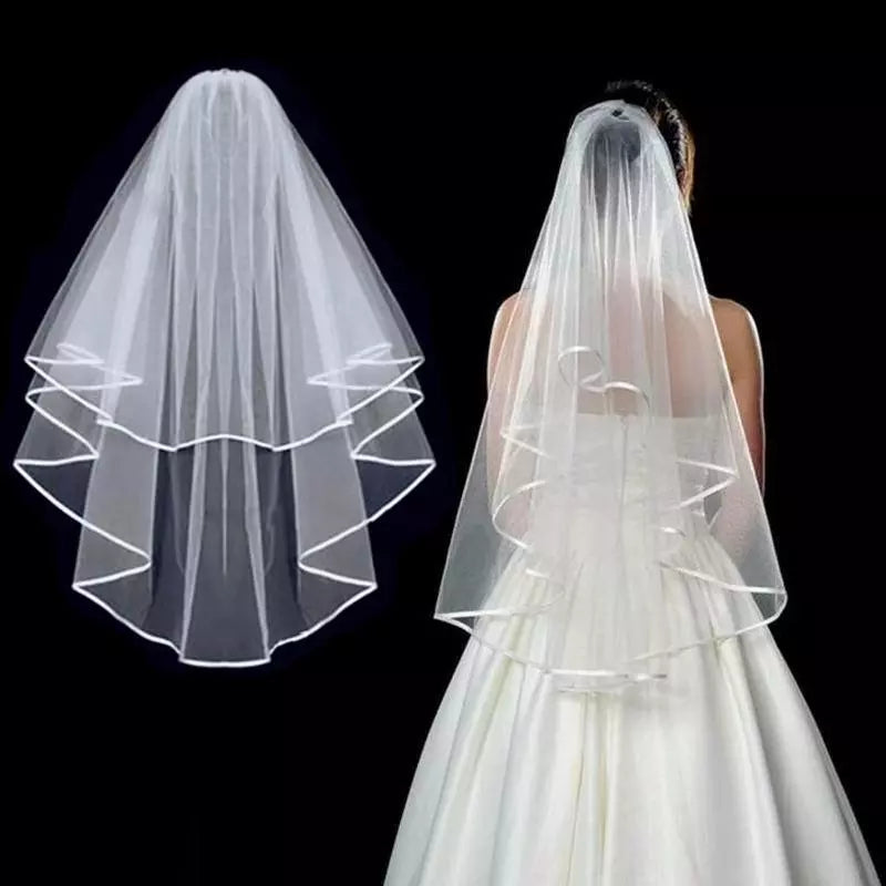 Simple Tulle Two Layers Bridal Veil Ribbon Edge with Comb  