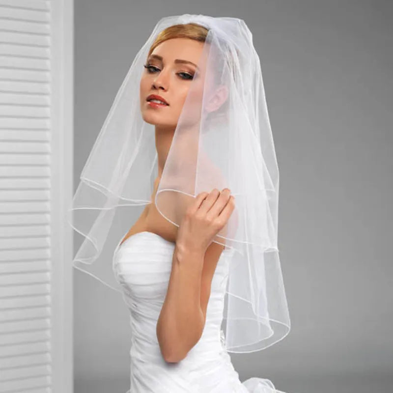 Simple Tulle with Comb Two Layers Short White Bride Accessories 75cm Short  