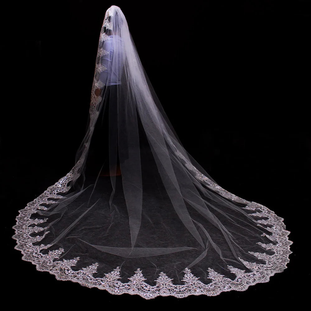 Sparkling Sequins Lace Long Bridal Veil with Comb White Ivory 3 Meters  