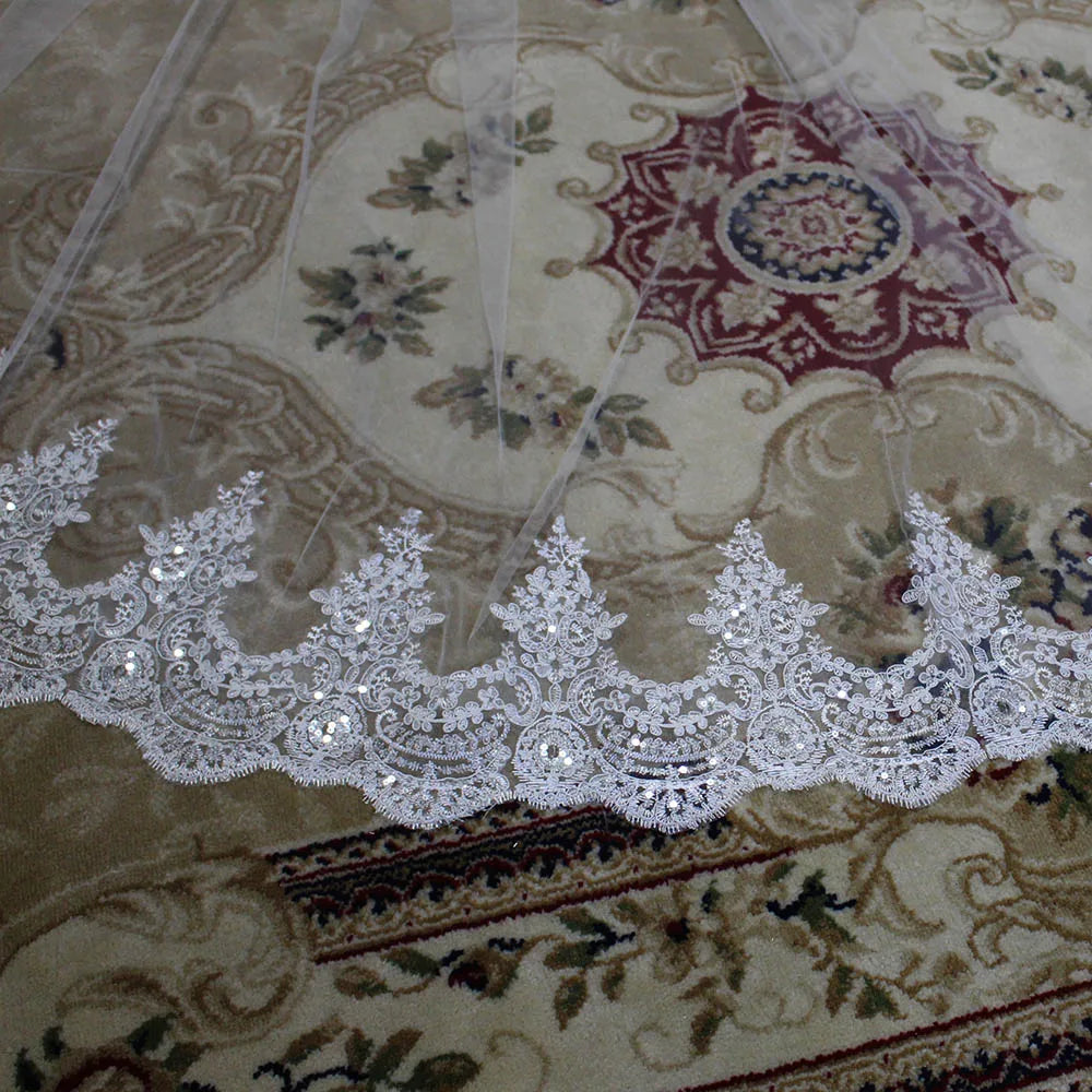 Sparkling Sequins Lace Long Bridal Veil with Comb White Ivory 3 Meters  