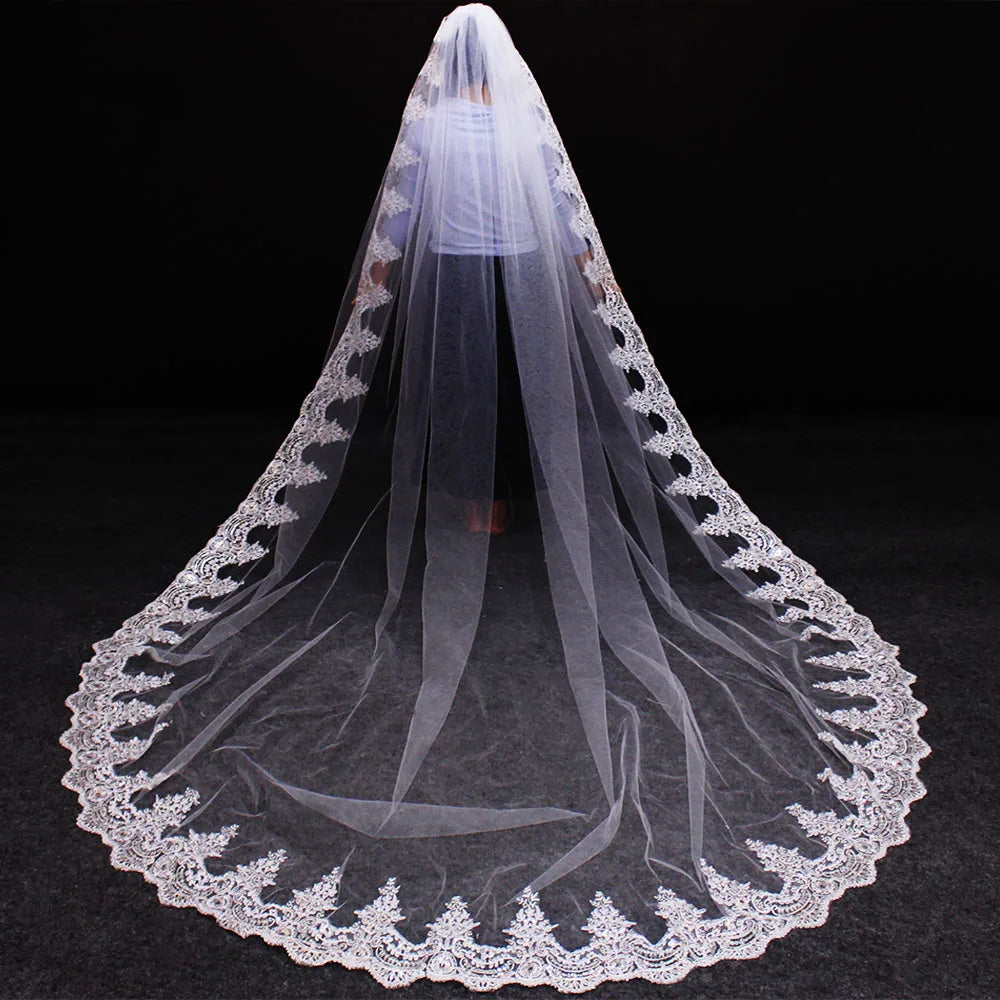 Sparkling Sequins Lace Long Bridal Veil with Comb White Ivory 3 Meters  