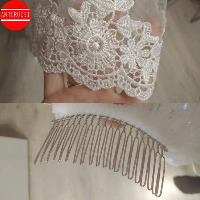 Two Layer Short Bride Veil Tulle Lace Edge With Metal Comb  