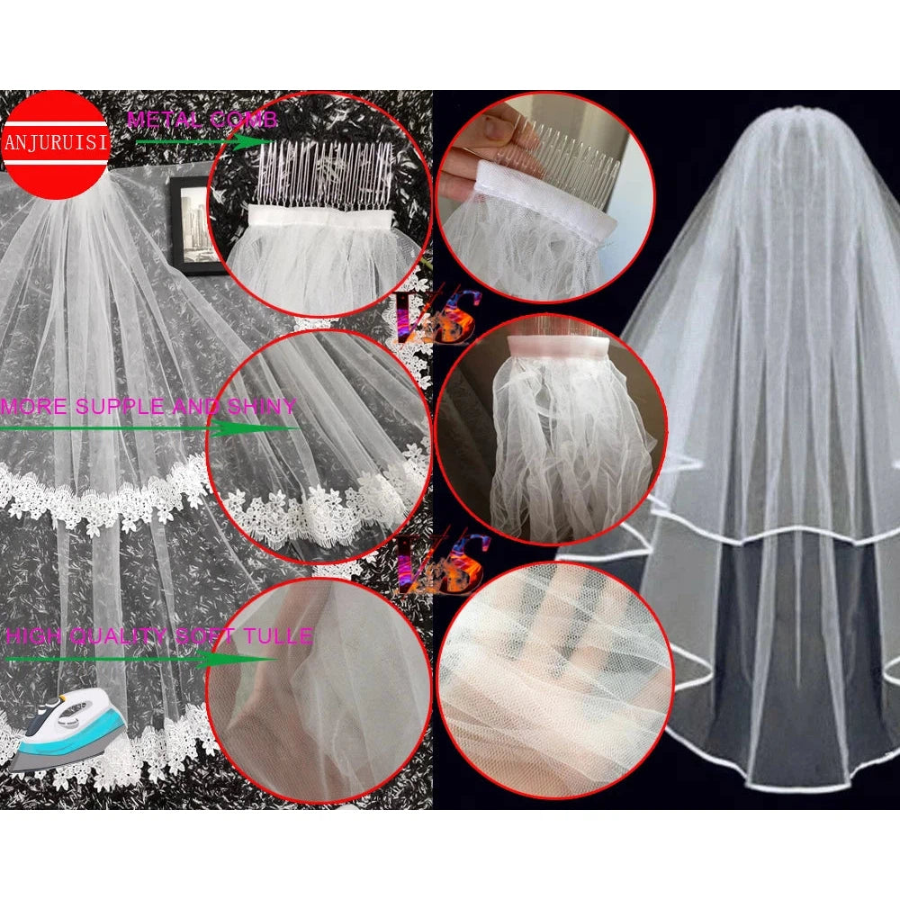 Two Layer Short Bride Veil Tulle Lace Edge With Metal Comb  