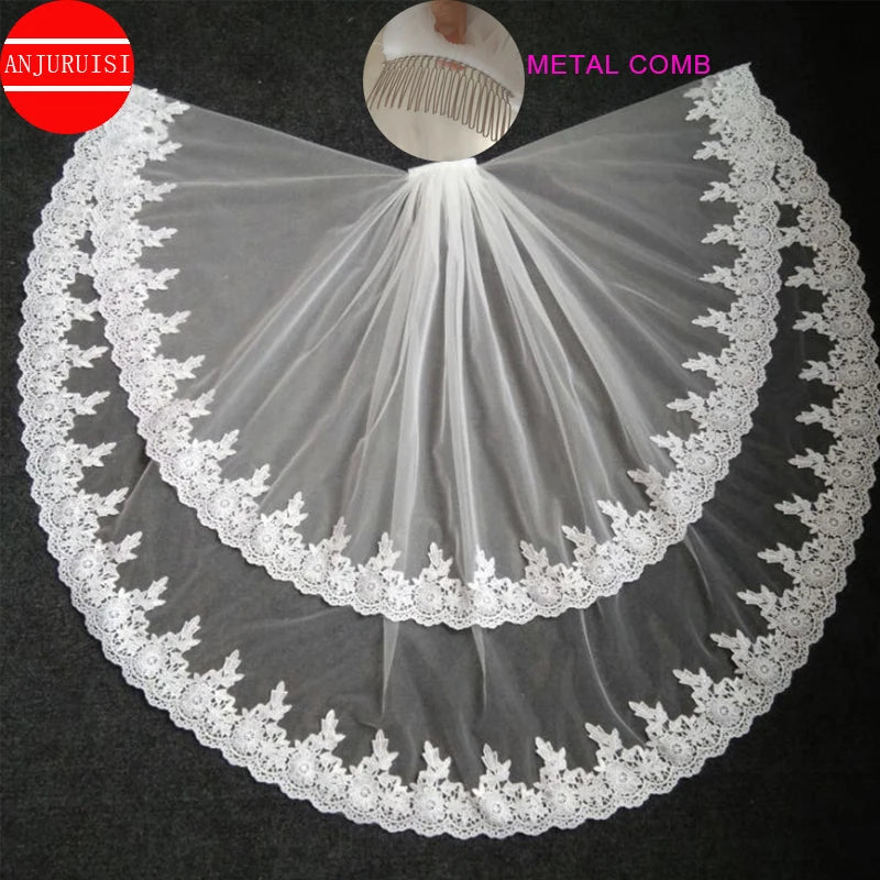 Two Layer Short Bride Veil Tulle Lace Edge With Metal Comb  