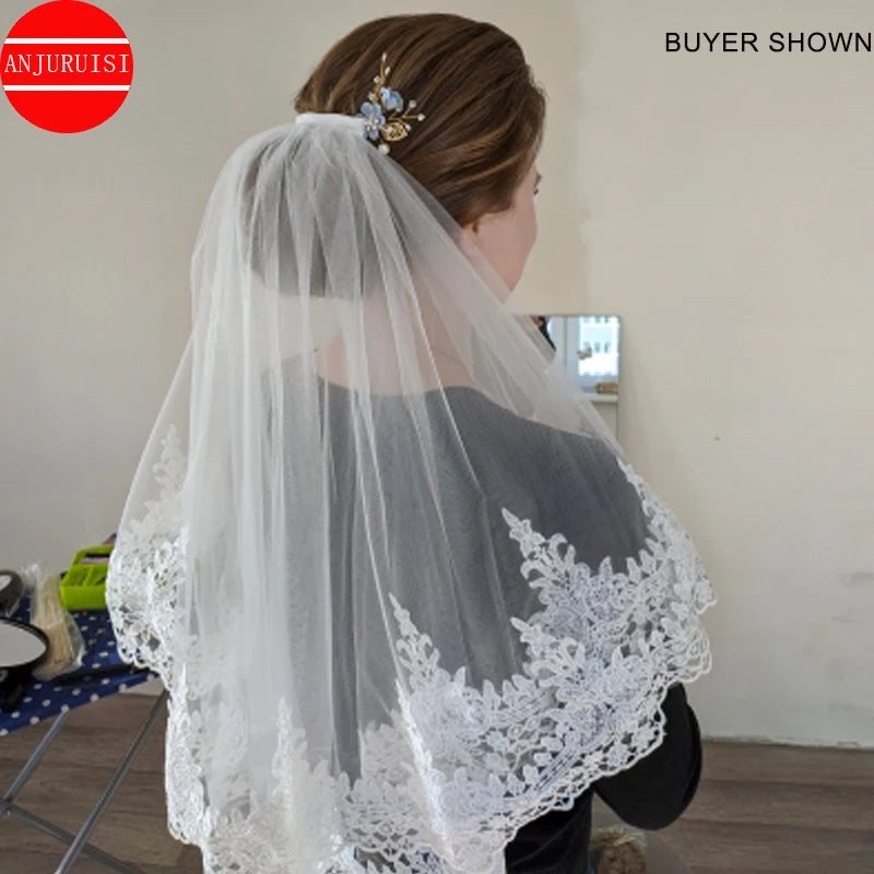 Two Layer Short Tulle Bride Veil Lace Edge  