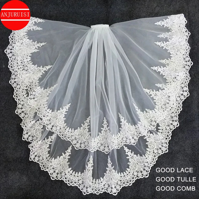 Two Layer Short Tulle Bride Veil Lace Edge  