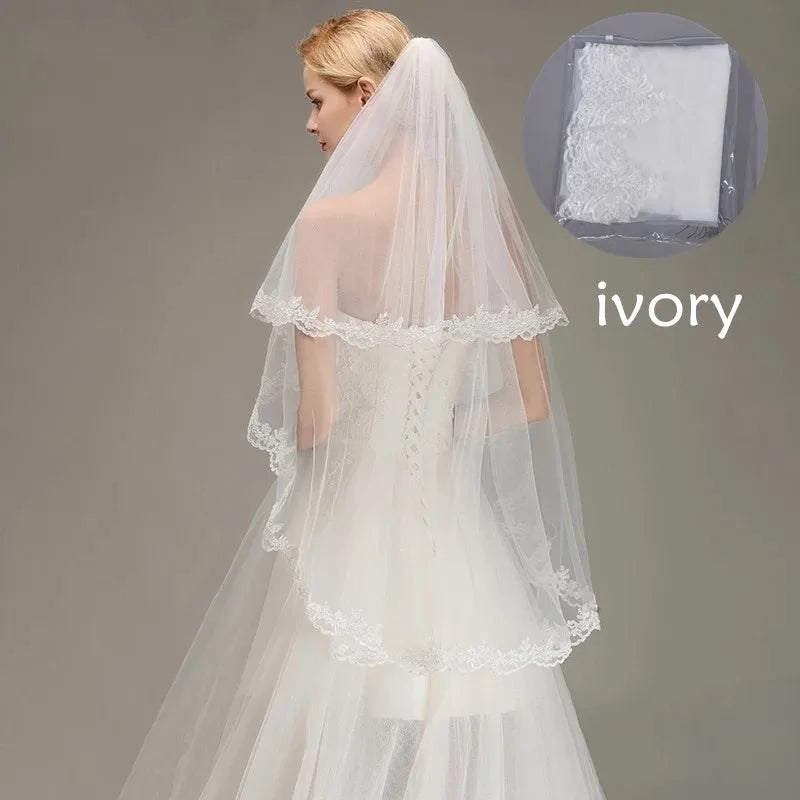 Two Layers Lace Edge White Ivory Short Wedding Veil with Comb  