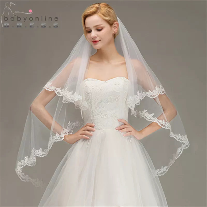 Two Layers Lace Edge White Ivory Short Wedding Veil with Comb  