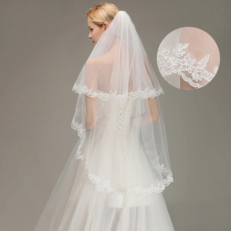 Two Layers Lace Edge White Ivory Short Wedding Veil with Comb  