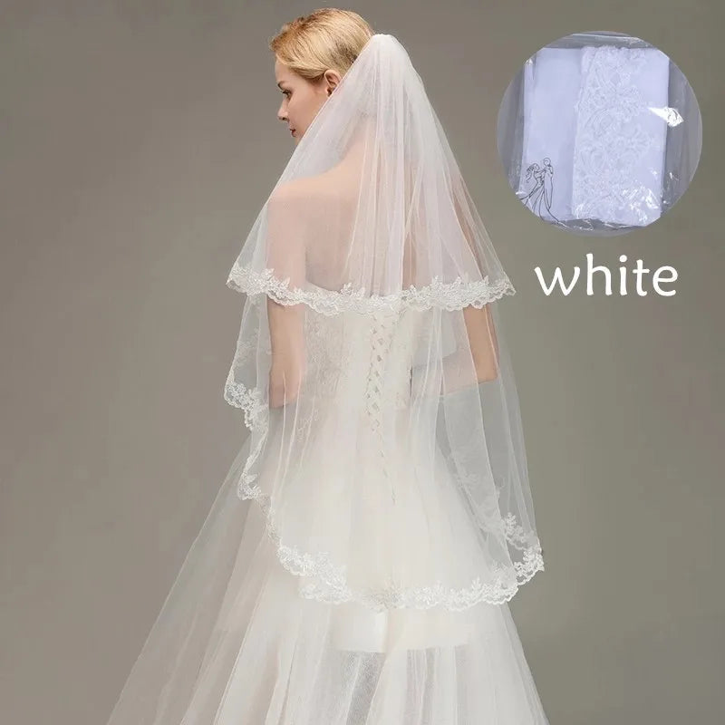 Two Layers Lace Edge White Ivory Short Wedding Veil with Comb  