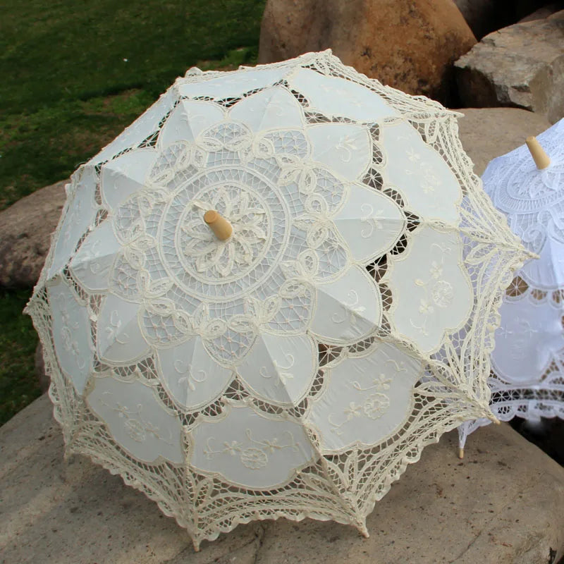 Outdoor Wedding Lace Parasol - high quality BLUE/ Straight Handle / Battenburg Lace