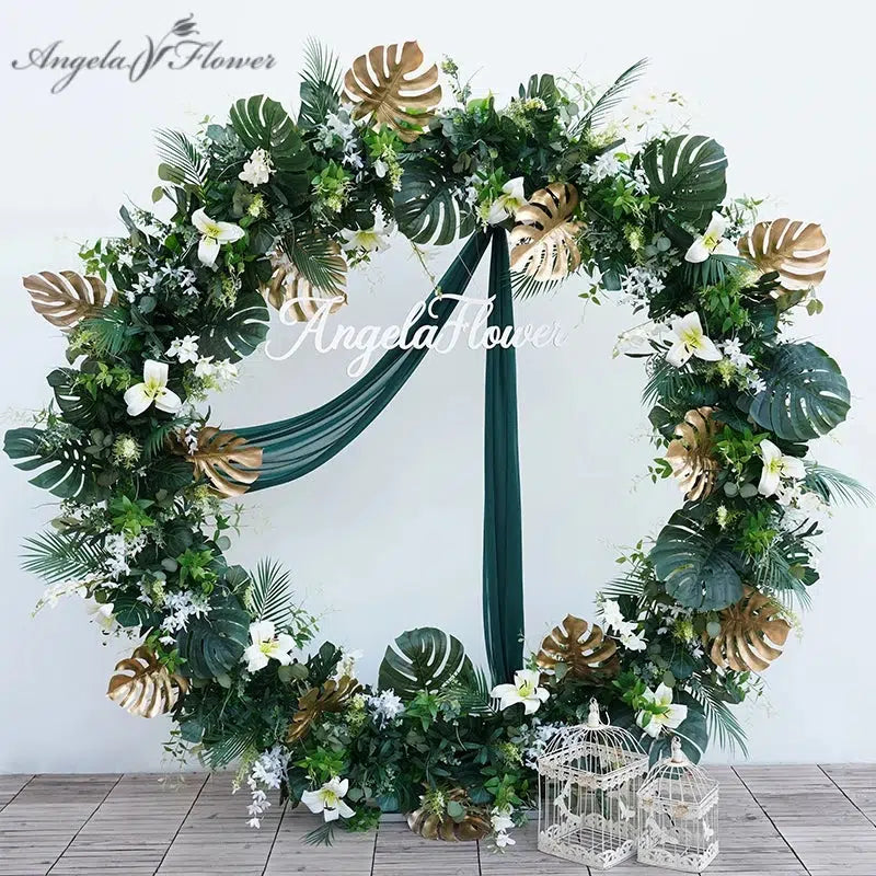 White Lily Gold Green Turtleback Leaf Flower Backdrop Arch  