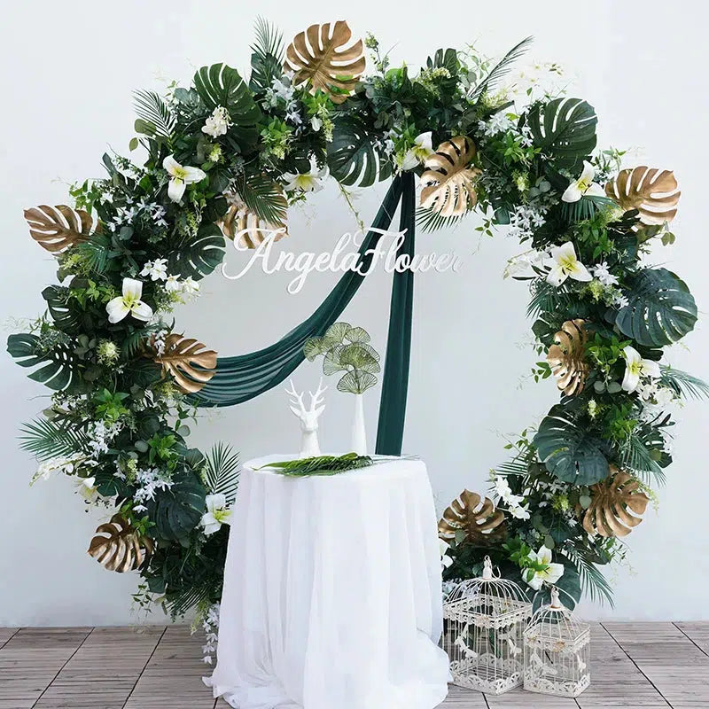 White Lily Gold Green Turtleback Leaf Flower Backdrop Arch  