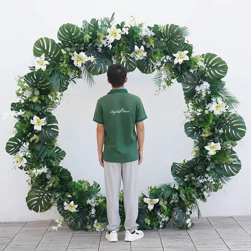 White Lily Gold Green Turtleback Leaf Flower Backdrop Arch  