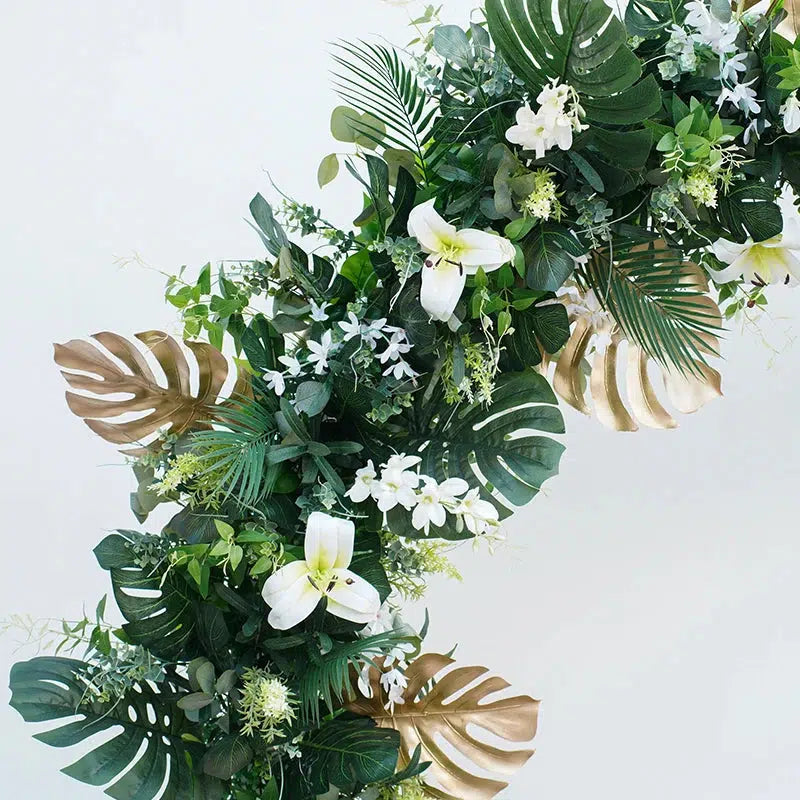 White Lily Gold Green Turtleback Leaf Flower Backdrop Arch  