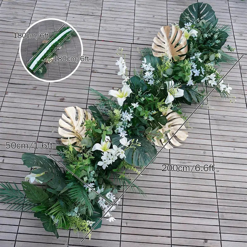 White Lily Gold Green Turtleback Leaf Flower Backdrop Arch  