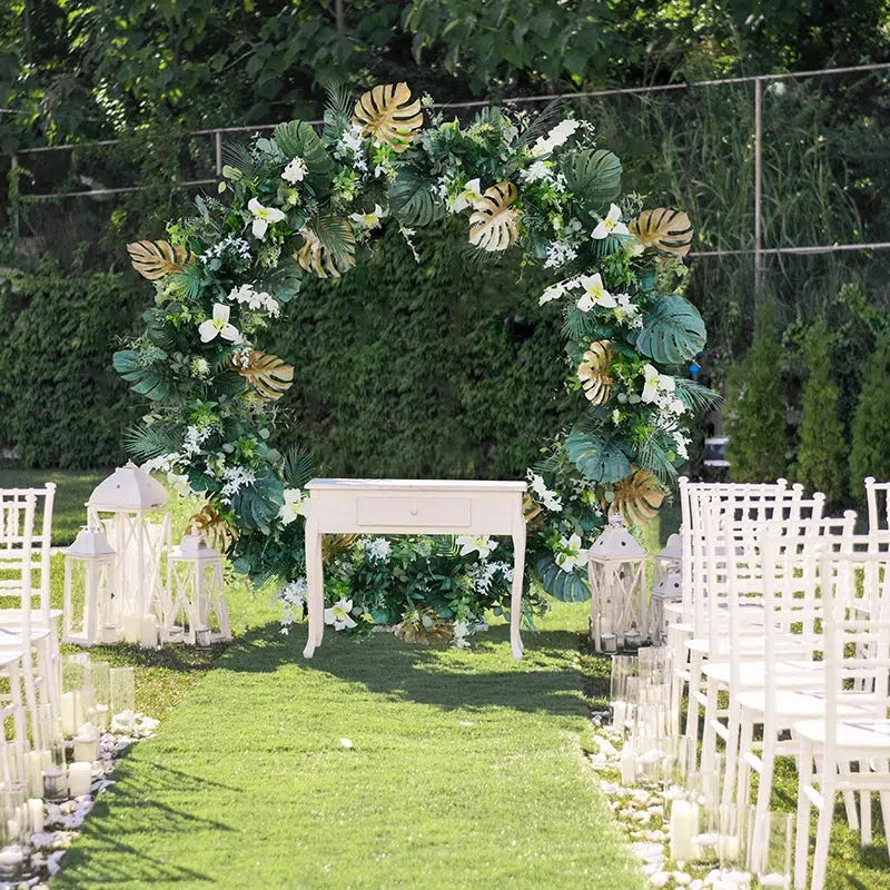 White Lily Gold Green Turtleback Leaf Flower Backdrop Arch  