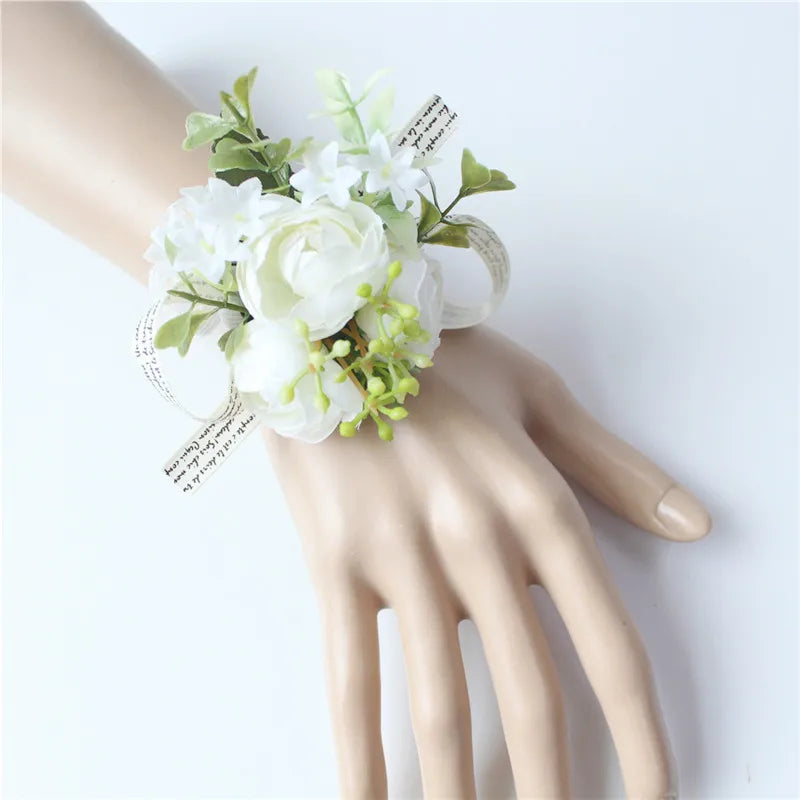 White Rose Silk Flower Buttonhole Boutonniere Flower & Wrist Corsage  