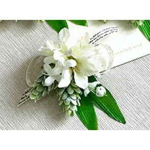 White Rose Silk Flower Buttonhole Boutonniere Flower & Wrist Corsage  