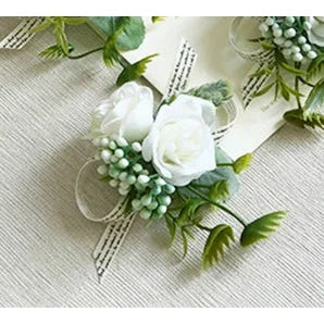 White Rose Silk Flower Buttonhole Boutonniere Flower & Wrist Corsage  