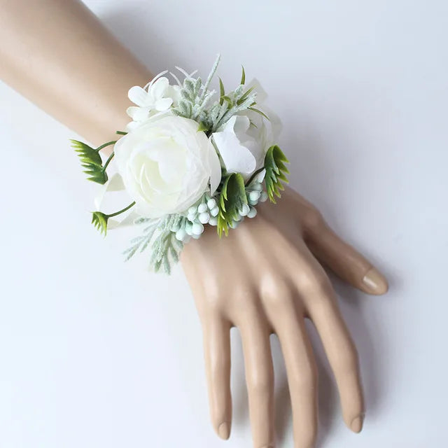 White Rose Silk Flower Buttonhole Boutonniere Flower & Wrist Corsage  