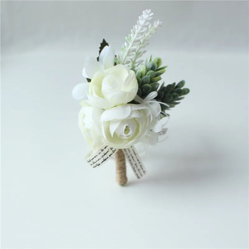 White Rose Silk Flower Buttonhole Boutonniere Flower & Wrist Corsage  