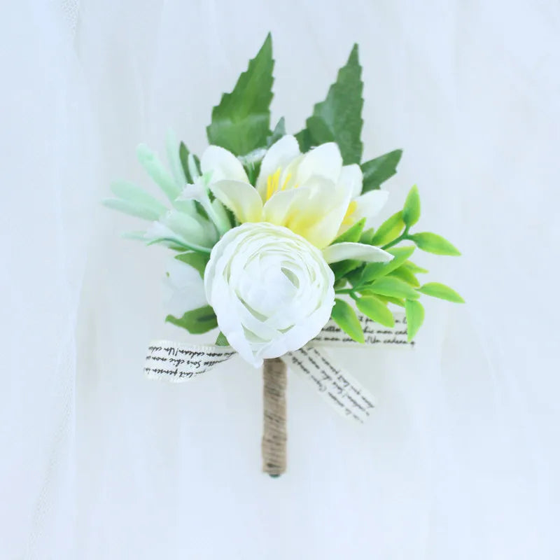 White Rose Silk Flower Buttonhole Boutonniere Flower & Wrist Corsage  