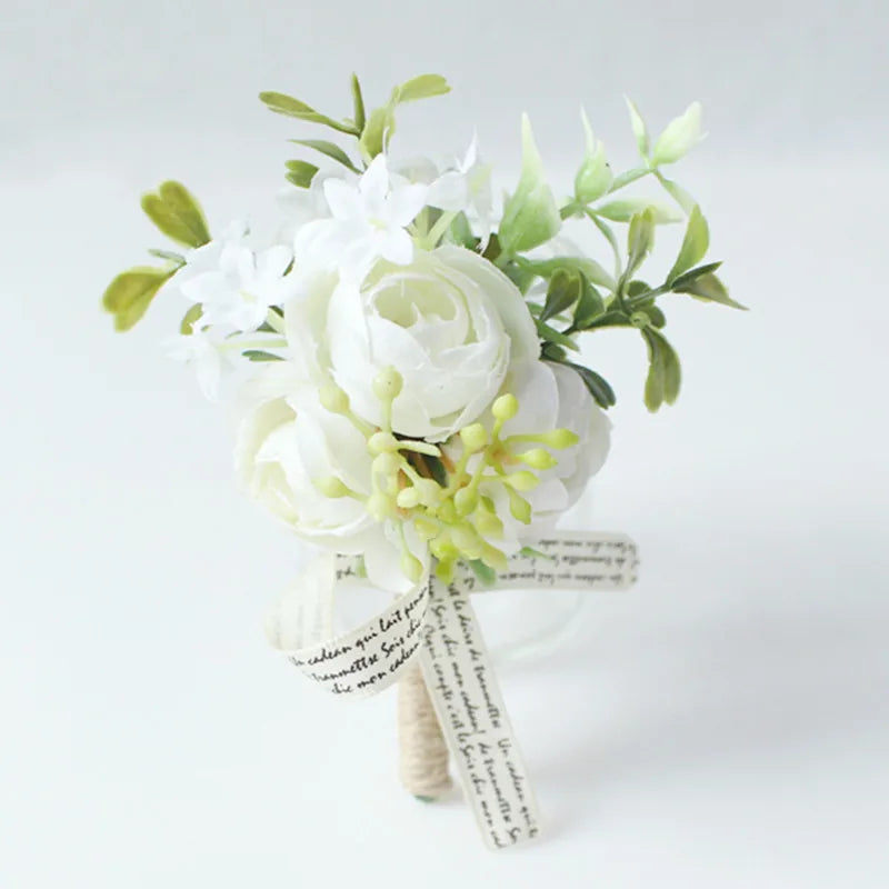 White Rose Silk Flower Buttonhole Boutonniere Flower & Wrist Corsage  