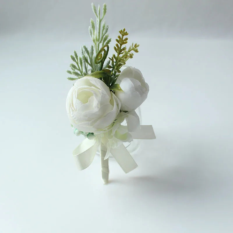 White Rose Silk Flower Buttonhole Boutonniere Flower & Wrist Corsage  