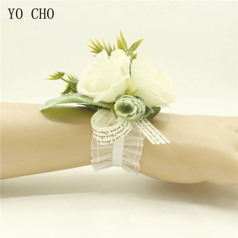 White Rose Silk Flower Buttonhole Boutonniere Flower & Wrist Corsage  