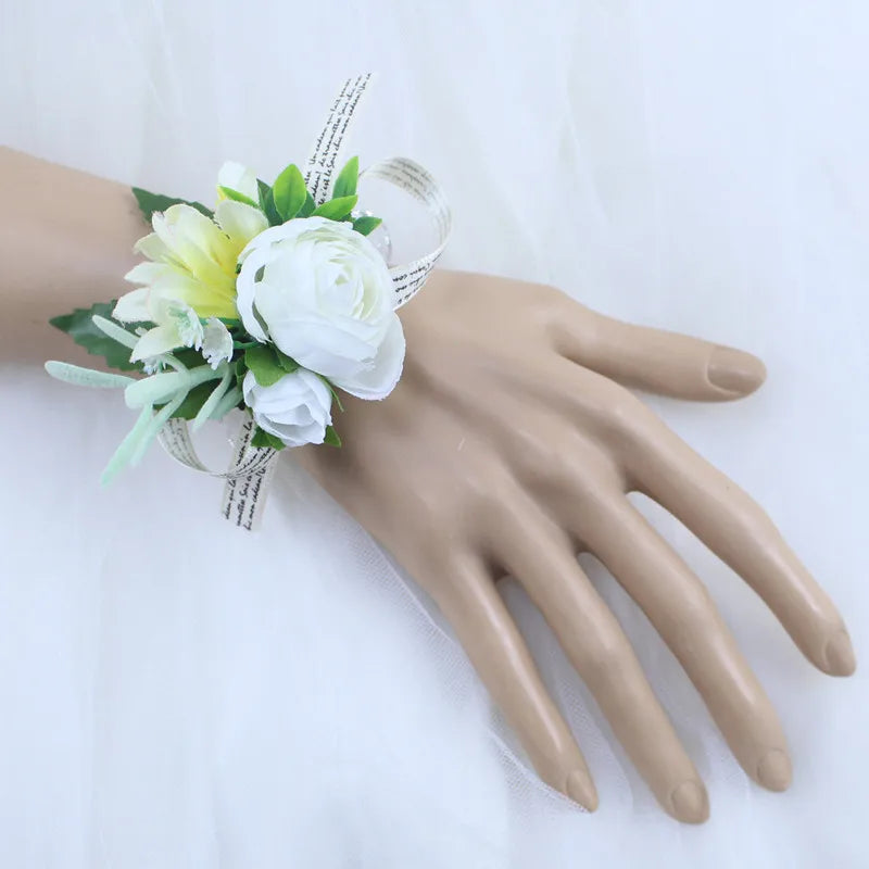 White Rose Silk Flower Buttonhole Boutonniere Flower & Wrist Corsage  